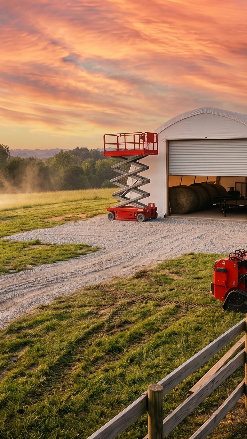 Chupp equipment at work on an Oklahoma farm — mini excavator trenching a fence line, mini skid steer running an auger, and a fabric hay shelter