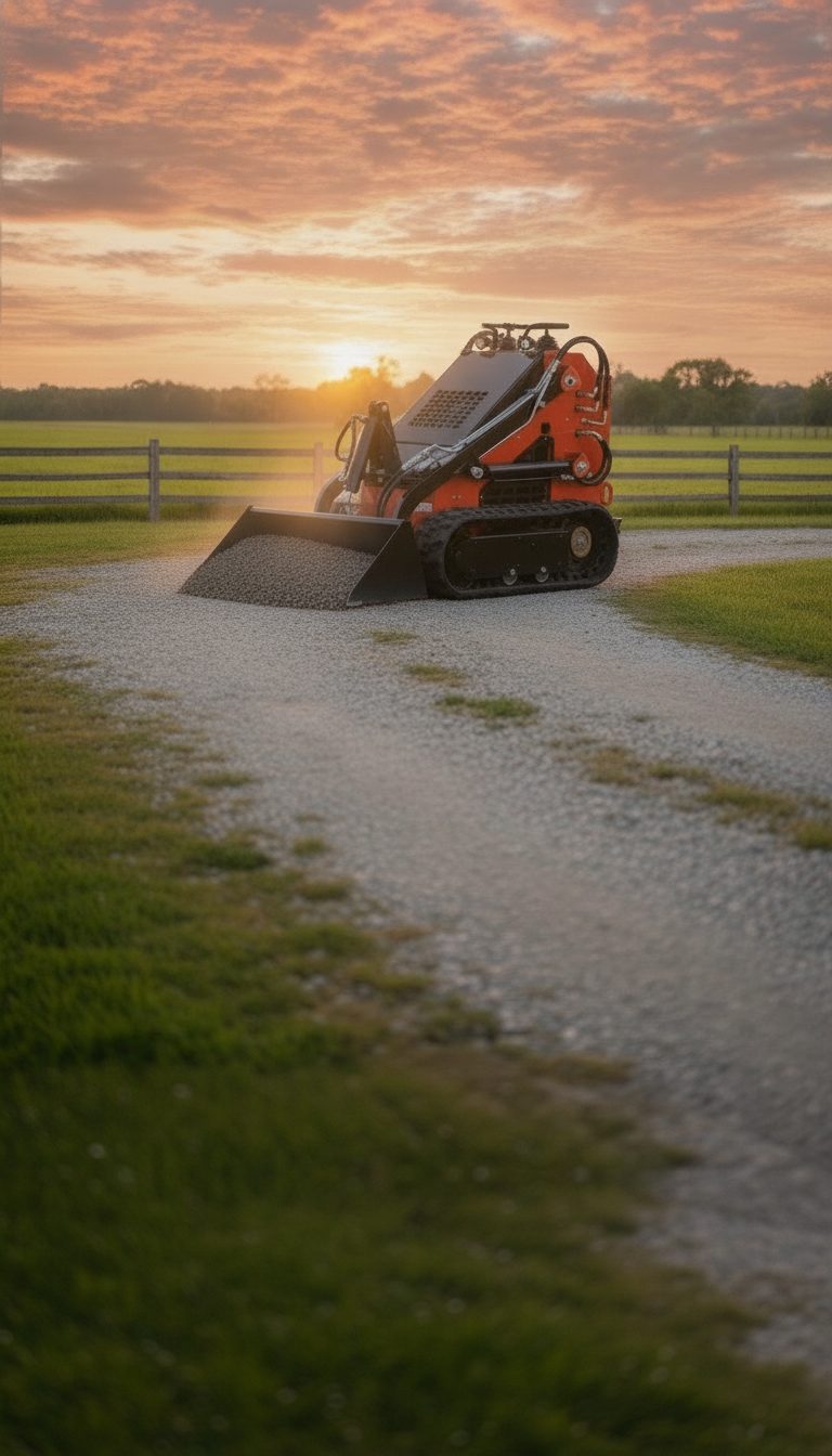 Chupp equipment at work on an Oklahoma farm — mini excavator trenching a fence line, mini skid steer running an auger, and a fabric hay shelter